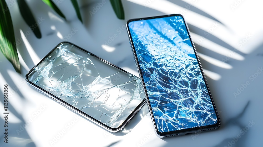 Cracked Smartphone Screens: A Close-Up Comparison � Lifestyle Product Photography. AI Generated