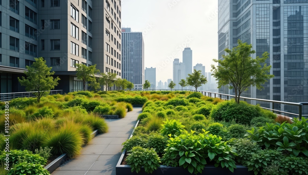 Urban building with eco-friendly green roof. Rich plants, trees grow on rooftop gardens. Cityscape view in background. Sustainable building design. Eco-friendly architecture. Green roof technology. Urban building with eco-friendly green roof. Rich plants, trees grow on rooftop gardens. Cityscape view in background. Sustainable building design. Eco-friendly architecture. Green roof technology.
