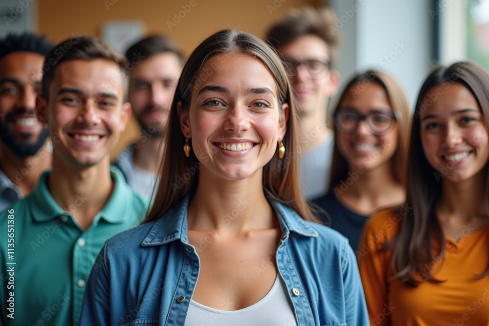 Fototapeta premium Happy Young Professionals Smiling Together in Office Setting, Perfect for Team Building and Business Promotion Materials