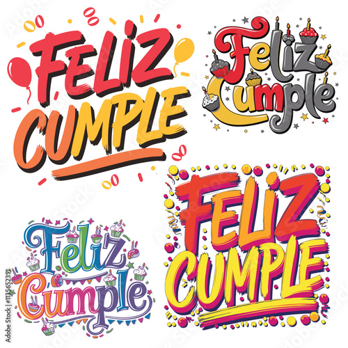 Feliz Cumple and  Feliz Cumpleaños sign calligraphy set or bundle vector illustration, Happy Birthday in Spanish language colorful cake candle balloons party celebration gift Felicidades background
