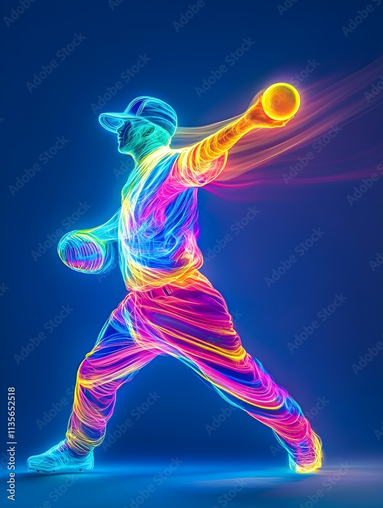 Dynamic image of a baseball pitcher throwing a glowing ball with a vibrant rainbow effect, blending sports and fantasy elements.