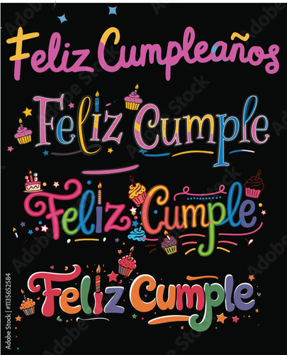 Feliz Cumple and  Feliz Cumpleaños sign calligraphy set or bundle vector illustration, Happy Birthday in Spanish language colorful cake candle balloons party celebration gift Felicidades background