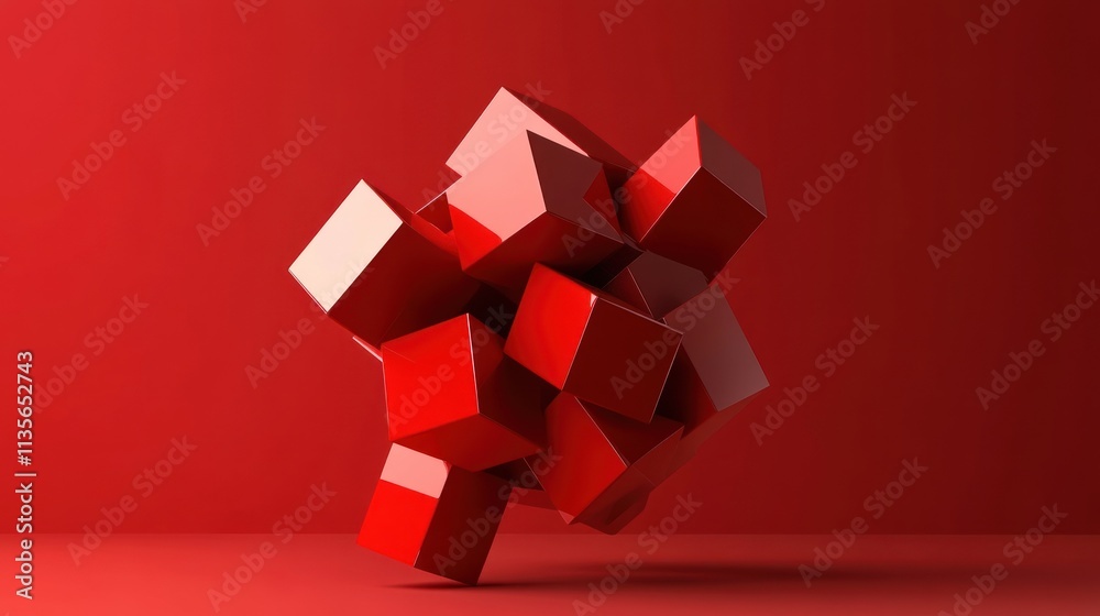 Abstract Red Cube Composition: A 3D Render of Interlocking Cubes Against a Red Background Abstract Red Cube Composition: A 3D Render of Interlocking Cubes Against a Red Background