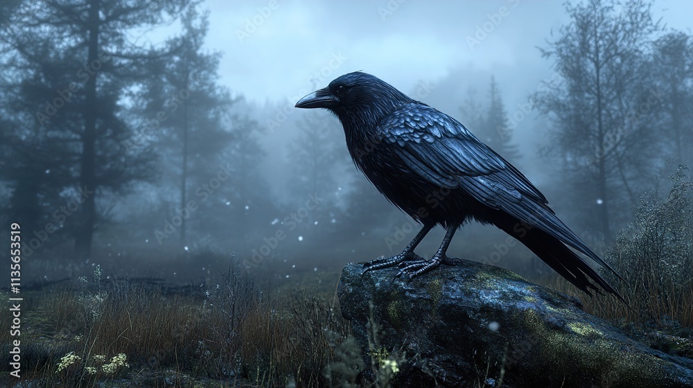 Fototapeta premium Raven in Misty Forest: A Dark and Mystical Scene
