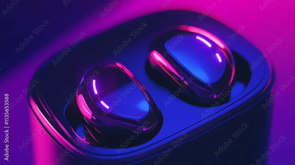 Shiny ear buds in a charging case with colorful neon light reflection. Shiny ear buds in a charging case with colorful neon light reflection.