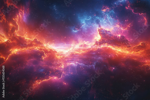 Vibrant Galaxy With Fiery Gas Clouds, Deep Space Nebula in Stunning Pink, Purple, and Orange Hues, Interstellar Art Scene 