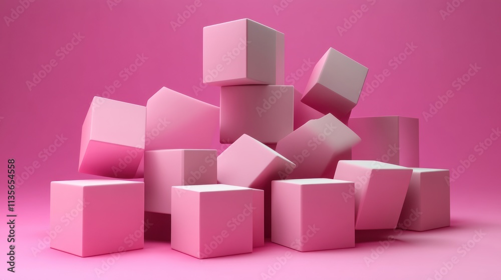 Fototapeta premium Pink Cube Abstract Composition: A Minimalist 3D Render of Interlocking Pink Cubes Against a Matching Background