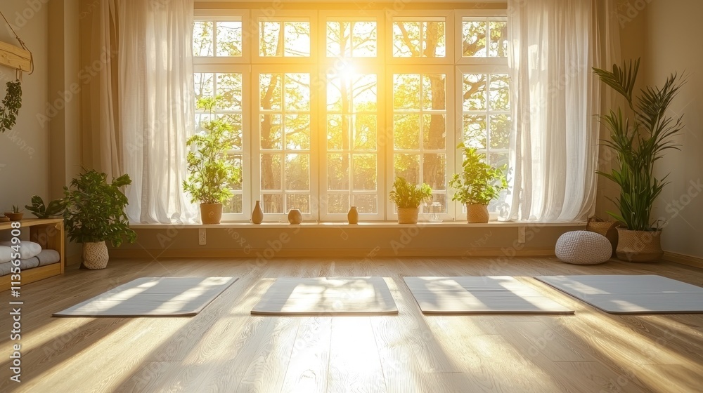 A bright yoga room with clean lines, soft mats, and natural light flowing in, perfect for relaxation and mindfulness. A bright yoga room with clean lines, soft mats, and natural light flowing in, perfect for relaxation and mindfulness.