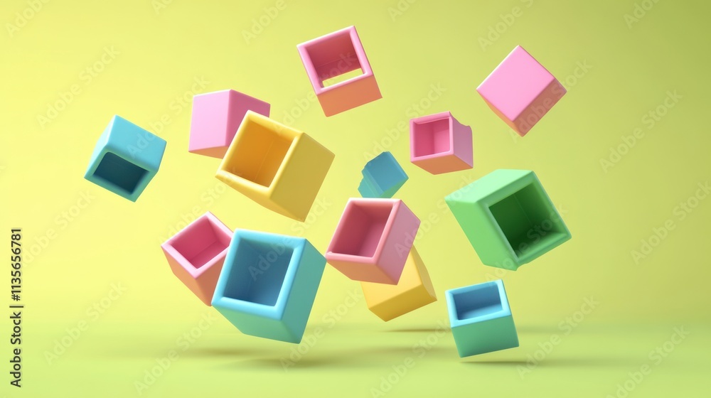 Abstract Colorful Cubes Falling on a Pastel Green Background: A Playful 3D Render Abstract Colorful Cubes Falling on a Pastel Green Background: A Playful 3D Render