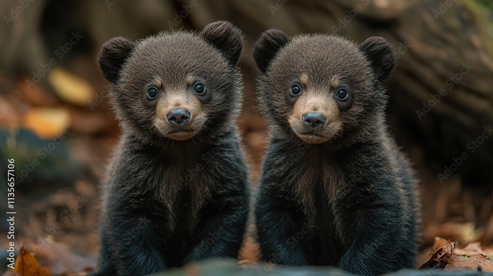 Fototapeta premium Two Adorable Brown Bear Cubs in the Forest