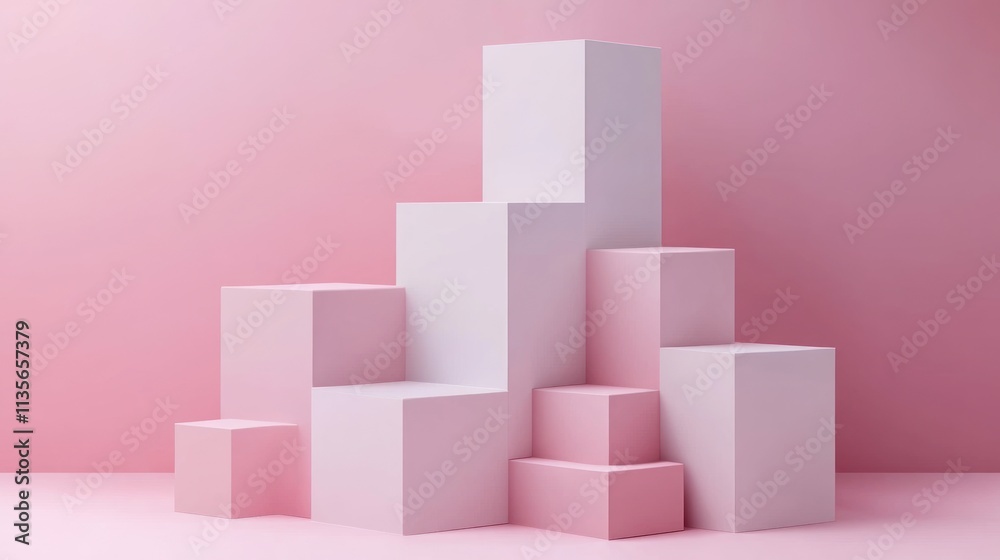Abstract Pink and White Cube Composition: Minimalist Geometric Display