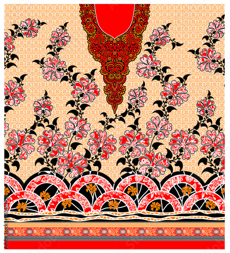 A captivating oriental pattern adorned with red flowers, highlighted by contrasting black and gold accents