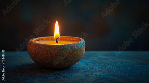 A serene candle in a terracotta bowl, perfect for Diwali celebrations, emphasizing warm light and tranquility, ideal for invitations, decor, and holiday promotions. photo