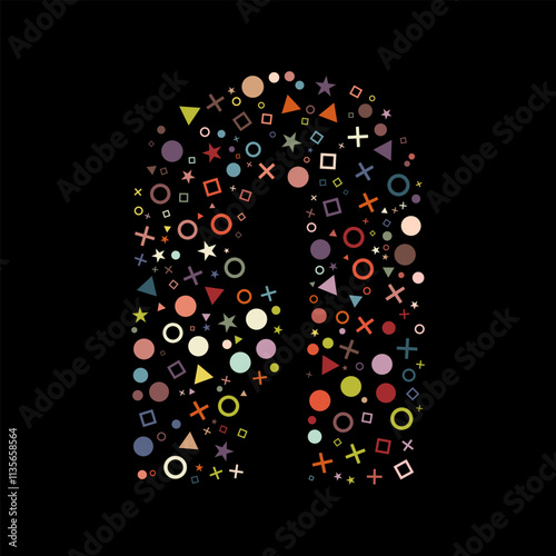 Letter A filled with colorful geometric figures on black background. Fillinger shapes alphabet A vector illustration.