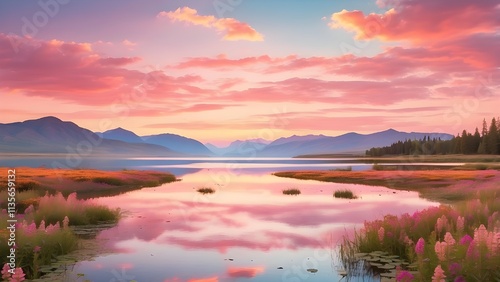 A serene landscape featuring a peaceful lake at sunset, surrounded by vibrant wildflowers and distant mountains. The sky is painted in shades of pink and orange, reflecting on the calm water. No peopl