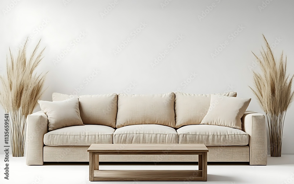 Beige sofa with wooden coffee table and pampas grass in minimalist room. Beige sofa with wooden coffee table and pampas grass in minimalist room.