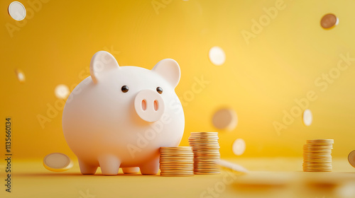 Piggy bank with golden stack of coins on yellow background- Saving money wealth, and financial concepts