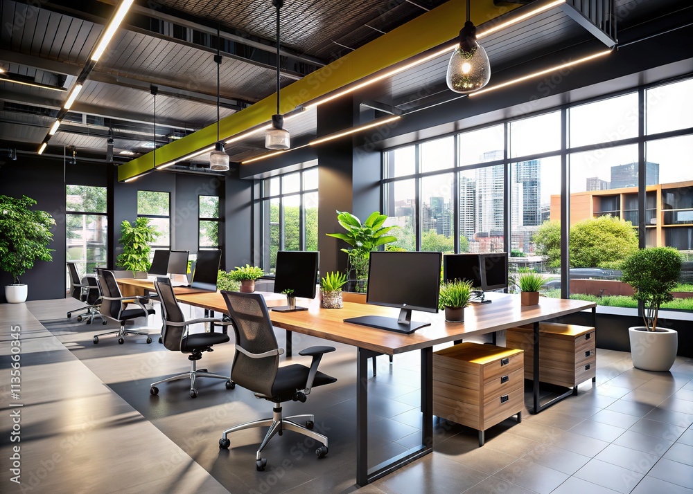 Modern Open-Space Office Interior - Black Walls, Concrete Floor, Computer Stations Modern Open-Space Office Interior - Black Walls, Concrete Floor, Computer Stations