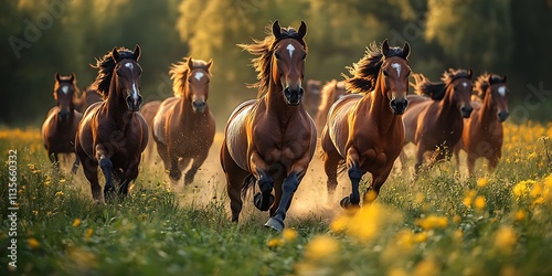 Fototapeta Naklejka Na Ścianę i Meble -  Herd of bay chestnut horses galloping through a wide open pasture soft summer sunlight and green fields