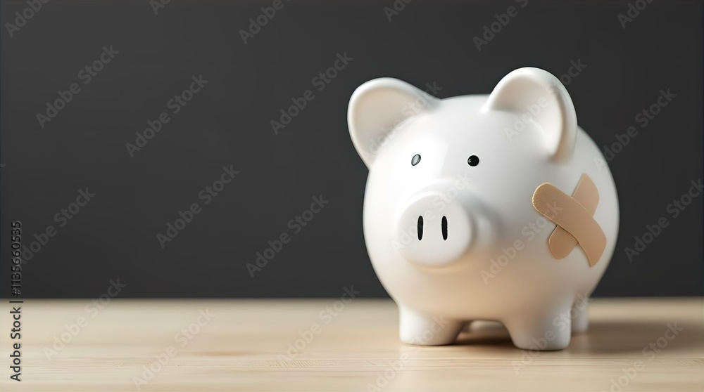 A White Piggy Bank with a Band-Aid on Its Side Sits on a Light Wooden Surface Against a Dark Gray Background A White Piggy Bank with a Band-Aid on Its Side Sits on a Light Wooden Surface Against a Dark Gray Background