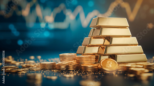 3D Gold market stock wealth business golden bar and stack of coins with financial currency graph or golden economy chart banking and digital price profit analysis - finance investment concept