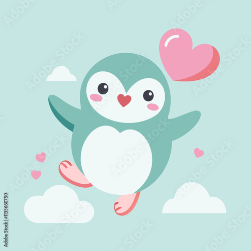 Cute Valentine Penguin Illustration with Heart Balloon