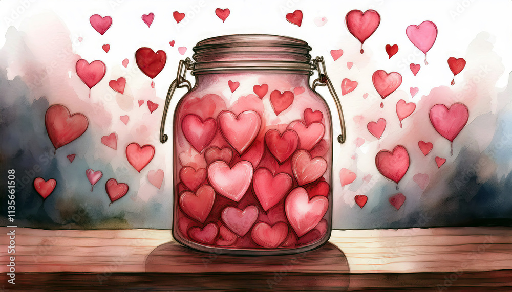 Watercolor Jar Filled with Pink and Red Hearts Watercolor Jar Filled with Pink and Red Hearts