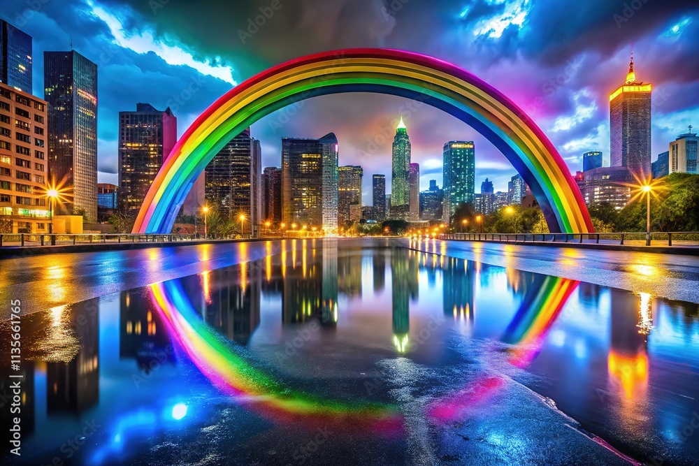 Obraz premium Rainbow Pride Night Photography AI Art, LGBTQ+ Pride, Abstract Rainbow, Night Sky, Cityscape, Colorful, Pride Month, LGBTQ, Diversity, Inclusion, Celebration