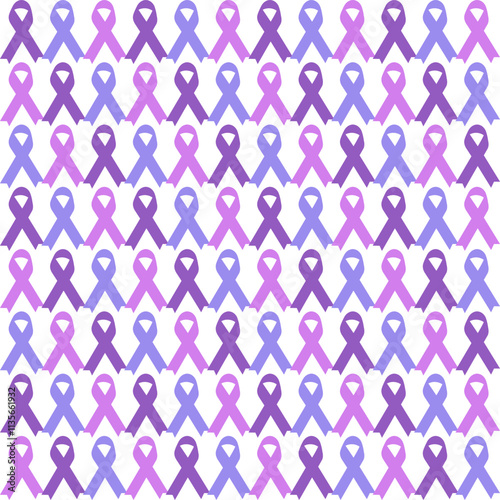 Violet, blue ribbon seamless colorful pattern on white background for world cancer day. Vector illustration, background, paper, wallpaper, textile, fabric.