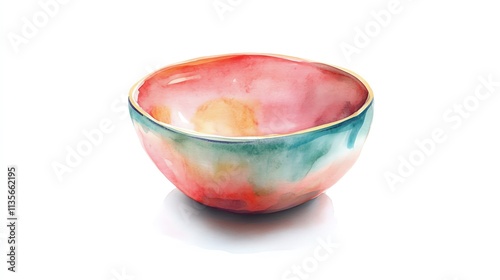 Colorful pottery bowl with unique glaze on a white isolated background.