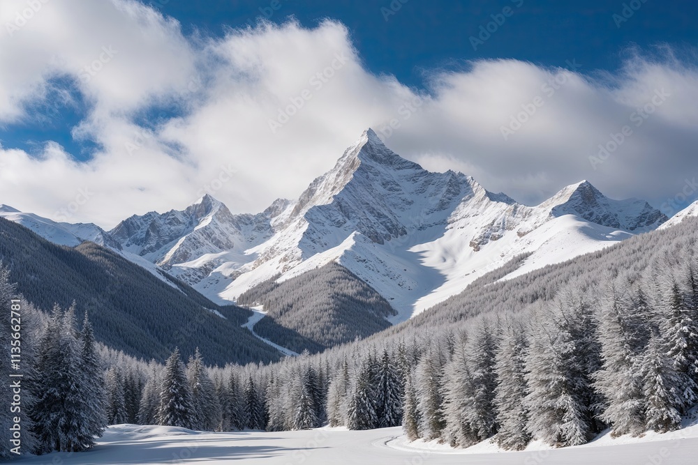 Serene Snow-Covered Mountain Range in Silver with Majestic Peaks and Tranquil Atmosphere Serene Snow-Covered Mountain Range in Silver with Majestic Peaks and Tranquil Atmosphere