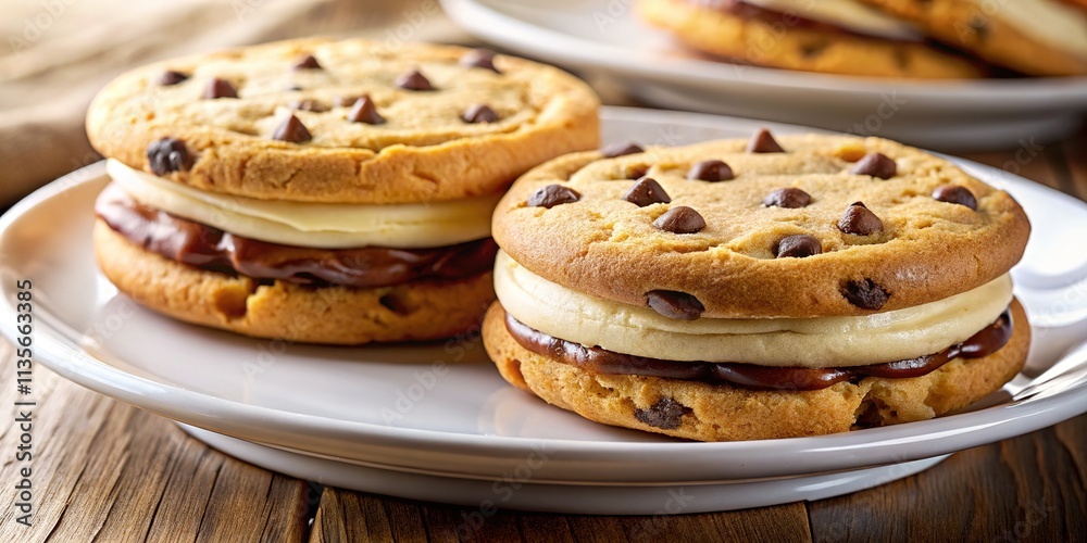 Silhouetted Chocolate Chip & Sugar Cookie Sandwiches on White Plate Silhouetted Chocolate Chip & Sugar Cookie Sandwiches on White Plate