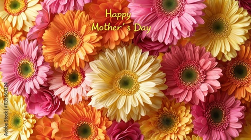 A cheerful background with vibrant flowers and "Happy Mother's Day" text in gold.