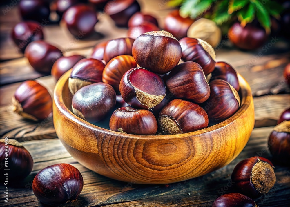 Surreal Chestnuts in Wooden Bowl - Natural Light, Selective Focus Surreal Chestnuts in Wooden Bowl - Natural Light, Selective Focus