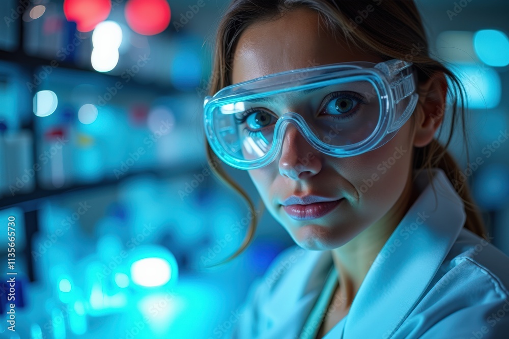 Confident Female Scientist in Lab Coat and Safety Goggles, Perfect for Science Education, STEM Promotion, and Laboratory Themed Designs