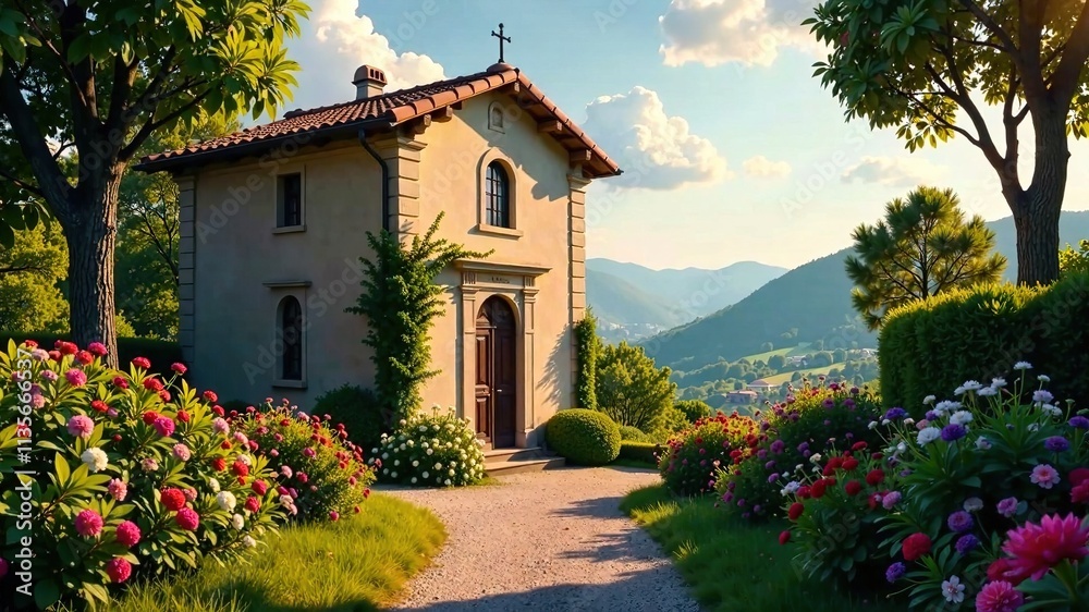 Naklejka premium Tuscan Chapel, Dreamy Landscape, Serene Atmosphere, AI Art, 04 Additional, Deep Perspective
