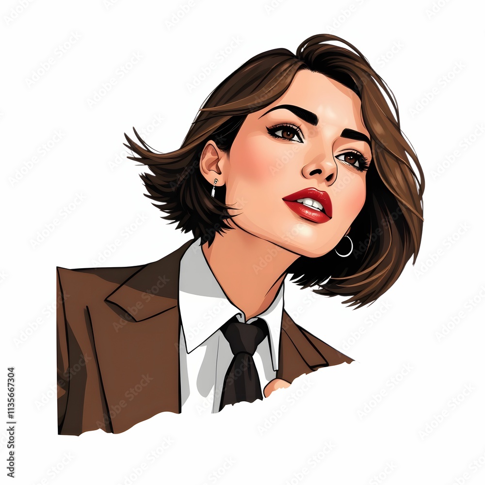 このイラストは、短めのボブヘアスタイルの女性を描いている。彼女はブラウンのスーツに白いシャツと黒いネクタイを合わせ、プロフェッショナルかつモダンな印象を与えている。赤い口紅が表情にアクセントを加え、知的で自信に満ちた雰囲気を醸し出している。顔の角度と視線が動きを感じさせるダイナミックな描写が特徴的。