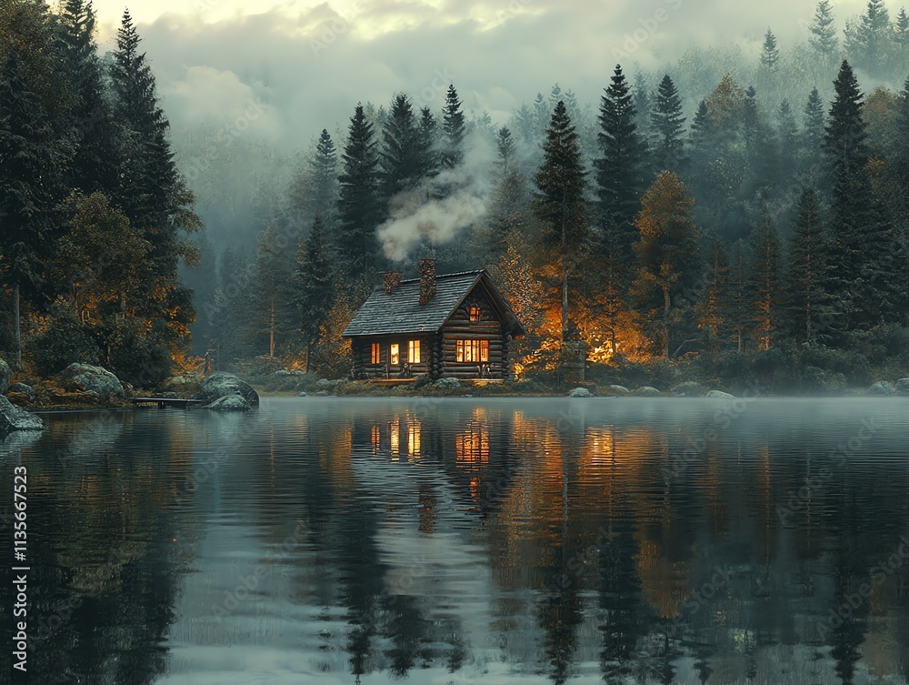 Fototapeta premium A serene lakeside cabin surrounded by tall trees and misty mountains at dusk.