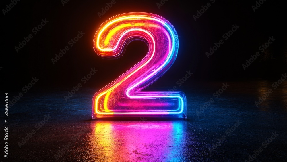 Neon number two glowing against a dark background Neon number two glowing against a dark background