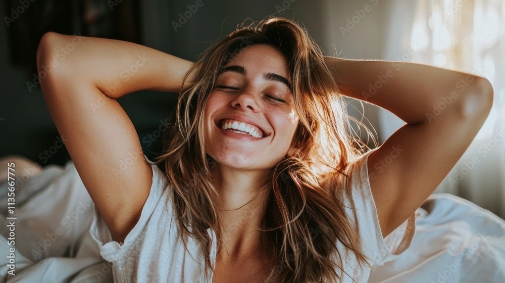 A cheerful woman smiling and stretching as she gets out of bed, embodying the energy of a morning person A cheerful woman smiling and stretching as she gets out of bed, embodying the energy of a morning person