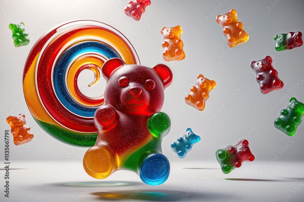 Naklejka premium Colorful Gummy Bear Spinning in a Bright White Background