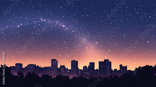 City skyline silhouetted against a starry night sky with a gradient of colors.