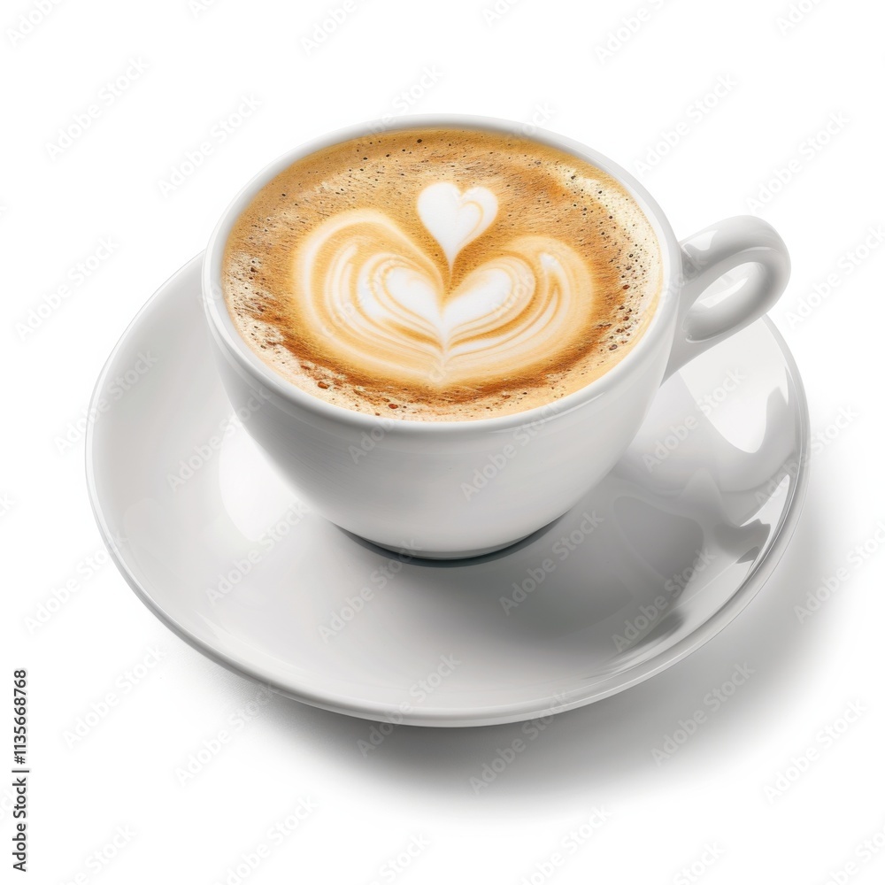 A steaming cup of cappuccino, with a delicate heart-shaped latte art design on top of the creamy foam, served in a white ceramic cup and saucer A steaming cup of cappuccino, with a delicate heart-shaped latte art design on top of the creamy foam, served in a white ceramic cup and saucer