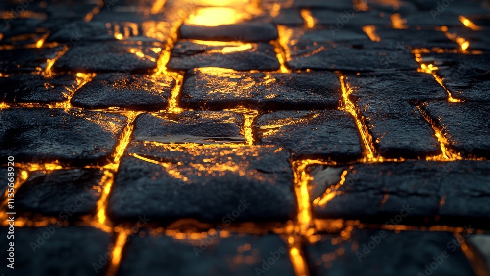Cobblestone pathway illuminated by warm light during evening hours Cobblestone pathway illuminated by warm light during evening hours