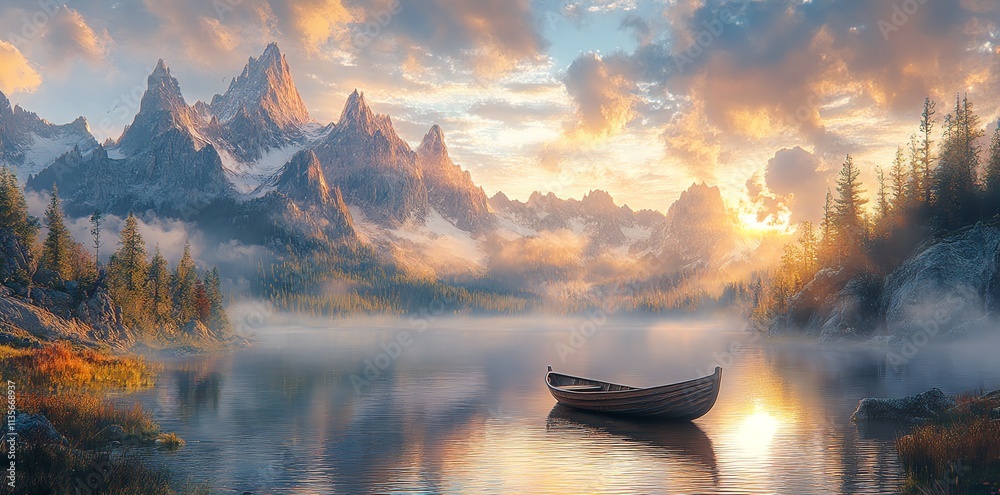 A serene lakeside scene with mountains, a boat, and a colorful sunset. A serene lakeside scene with mountains, a boat, and a colorful sunset.