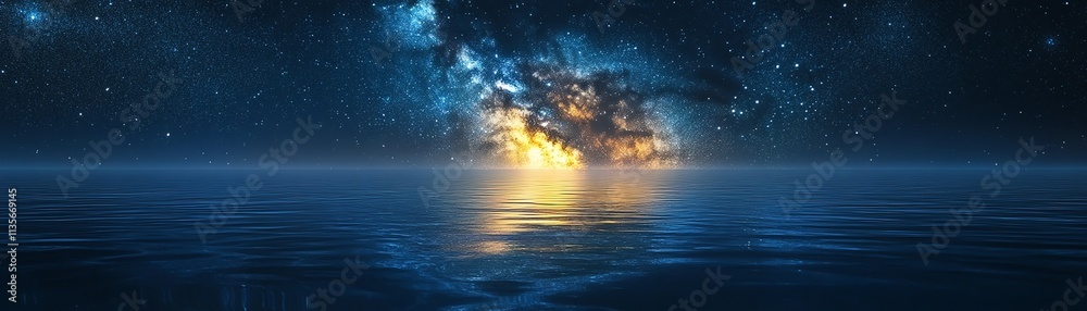 Stunning ocean view under a starry night sky with a glowing horizon. Stunning ocean view under a starry night sky with a glowing horizon.