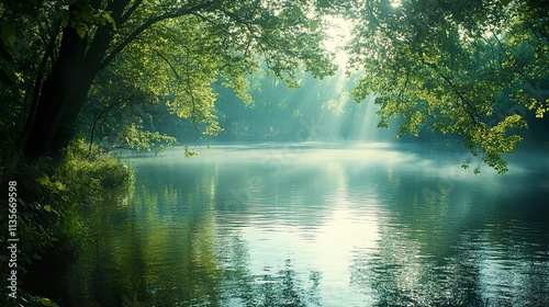 Serene River Landscape: Tranquil Morning in the Forest