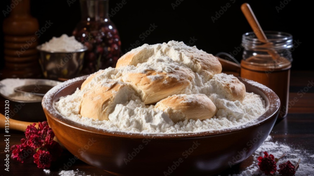 A bowl of dough with a wooden spoon and a jar of sugar A bowl of dough with a wooden spoon and a jar of sugar