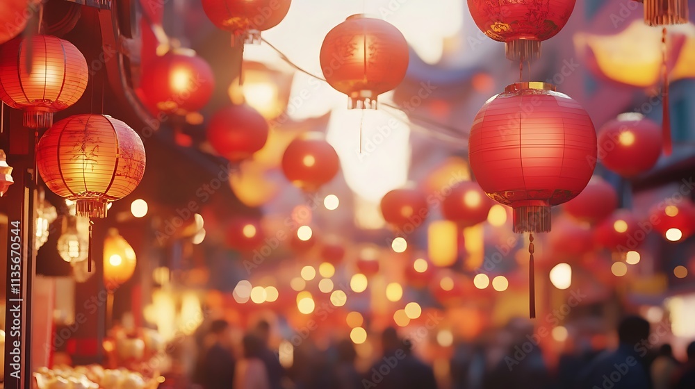 A close-up shot of vibrant red lanterns hanging above a bustling street market filled with vendors selling traditional Chinese New Year foods such as dumplings, spring rolls, and tangyuan A close-up shot of vibrant red lanterns hanging above a bustling street market filled with vendors selling traditional Chinese New Year foods such as dumplings, spring rolls, and tangyuan