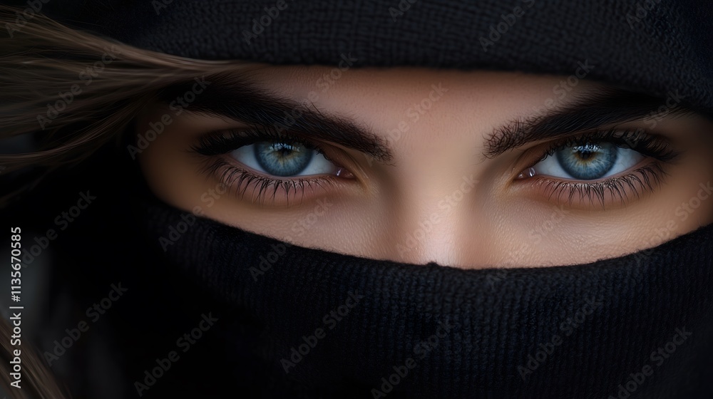 A fashion model presents a mesmerizing close-up, exuding confidence with her captivating blue eyes and serene expression. The dark headpiece adds an intriguing contrast to her features. A fashion model presents a mesmerizing close-up, exuding confidence with her captivating blue eyes and serene expression. The dark headpiece adds an intriguing contrast to her features.
